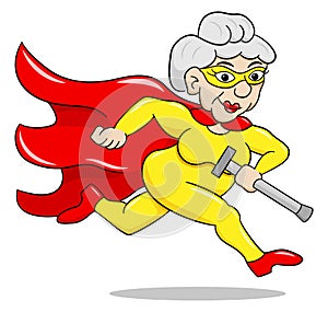 Running senior super heroine with cape