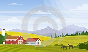 Vector illustration of rural landscape. Beautiful countryside with farm and horses on fields, house and mountains for