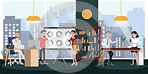 Vector illustration in Sa flat style of business office team workers women, men and boss in uniform in meeting room with pc laptop