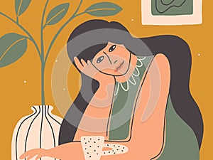 Vector illustration of sad depressed woman sitting at home table resting head on hand