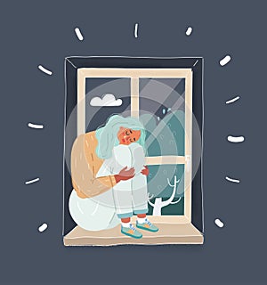 Vector illustration of sad girl at home tonight. Sitting on a window and into deeply thinking.