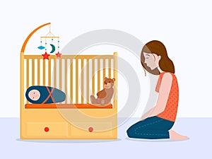 Vector illustration: sad woman at the baby cot. Postpartum depression concept