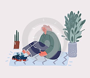 Vector illustration of sad woman sitting on the floor