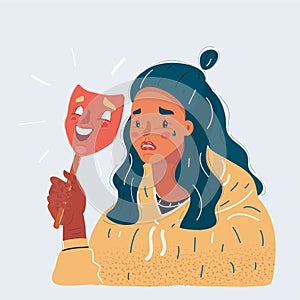 Vector illustration of sad woman wearing smile mask. Fake and hide emotion concept on white background. photo