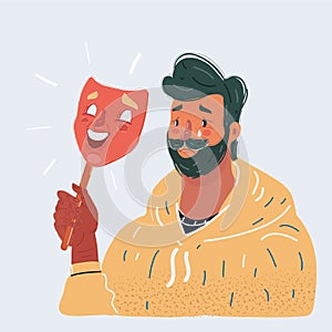 Vector illustration of sadman with dissapointment expression on his face under happy mask. Close up view character on white