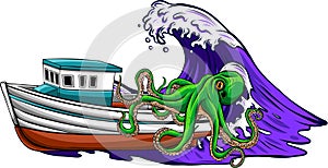 vector illustration of sailing ship and kraken giant octopus on white background