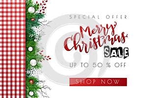 Vector illustration of sale promotion banner template with hand lettering label - merry Christmas - with realistic fir