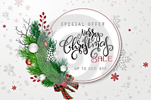 Vector illustration of sale promotion banner template with hand lettering label - merry Christmas - with realistic fir