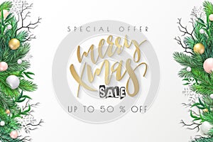 Vector illustration of sale promotion banner template with hand lettering label - merry xmas - with realistic fir-tree