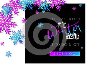 Vector illustration of sale promotion banner template with hand lettering label - winter - with snowflakes