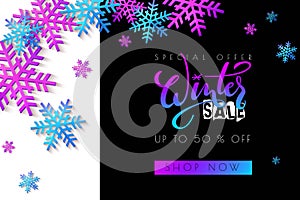 Vector illustration of sale promotion banner template with hand lettering label - winter - with snowflakes