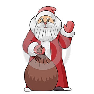 Vector illustration of Santa Claus with a bag of gifts, affably waved his hand.