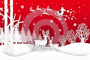 Vector illustration of Santa Claus is coming to town and deer in forest with snow in the winter season and Christmas. Design pap