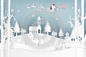 Vector illustration of Santa Claus is coming to town and deer in forest with snow in the winter season and Christmas. Design pap