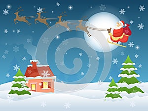 Vector illustration of Santa Claus flying over house and trees at night. Christmas eve landscape greeting card.