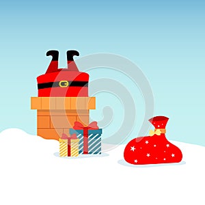 Vector illustration of Santa Claus on roof, diving into chimney, with boxed gifts lying around in snow. Christmas and