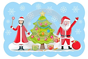 Vector illustration of Santa Claus and snow maiden, gifts and Christmas tree.
