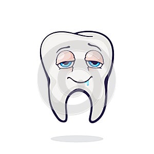 Vector illustration. Satisfied smiling healthy adult human tooth with eyes after eating. Symbol of somatology and oral hygiene.