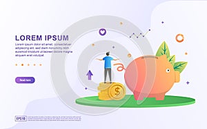 Vector Illustration of Saving money concept. A man enjoys the benefits of investing in deposits, saving money for the future