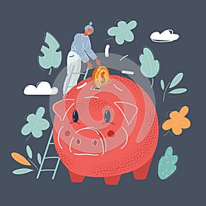 Vector illustration of saving money young tiny woman putting coin into big pig money box close up on dark background on