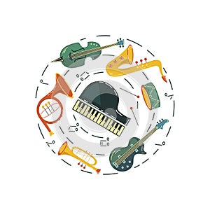 Vector illustration with saxophone, guitar, violin, french horn.