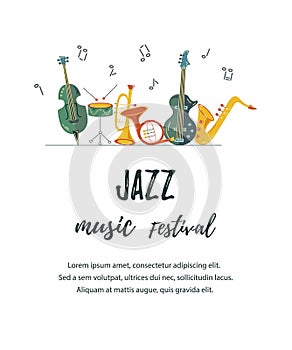 Vector illustration with saxophone, guitar, violin, french horn, drum.