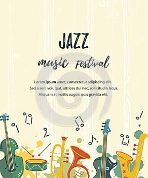 Vector illustration with saxophone, guitar, violin, french horn, drum.