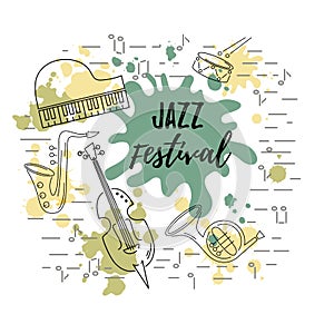 Vector illustration with saxophone, piano, violin, french horn, drum.