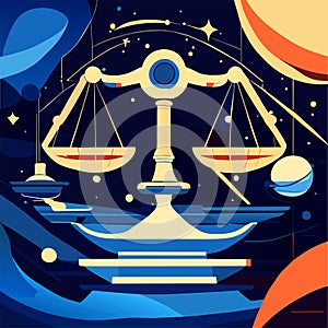 Vector illustration of the scales of justice in the night sky. The concept of law and justice. Generative AI