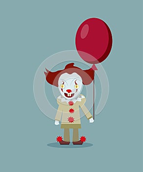 Vector illustration of the scary evil clown with red balloon. Ha