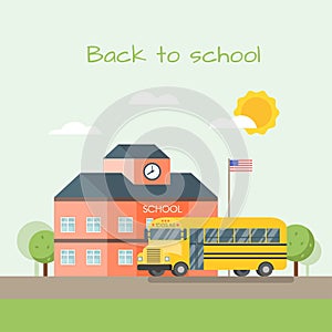 Vector illustration of school building and bus.