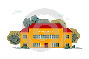 A vector illustration of school building surrounded by trees