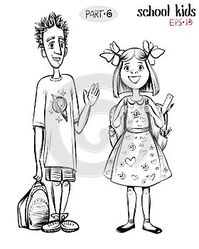 Vector illustration of school children, boy and girl.
