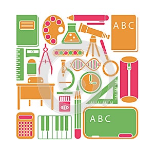 Vector illustration of school icons and elements in flat cartoon style.