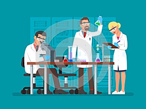 Vector illustration of scientists working at science lab, flat style
