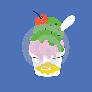 Vector illustration of scoop ice cream with a cherry on the top in a cup with spoon inside. Colorful modern icon of dessert