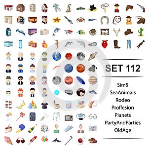 Vector illustration of sea, animals, rodeo, profession, planet, party parties old ade icon set.