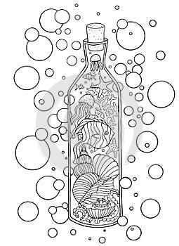 Vector illustration of the sea in a bottle. Coloring book with sea creatures, shells, fish, corals, starfish, crab.