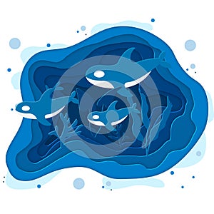 Vector illustration of sea bottom with waves. Paper cut deep style vector. Deep blue marine life, diving concept. Whale