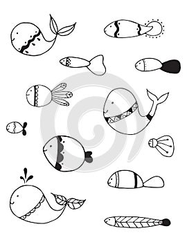 Vector illustration with sea creatures - fish and whale. Cartoon charcater