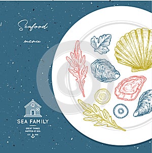 Sea food plate illustration. Sea restaurant design template. Vector illustration