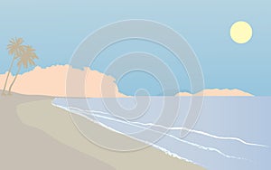Vector illustration of sea, sand beach and mountains, pastel tones