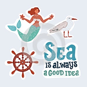Vector illustration of sea time, collection of water stickers banners. ships wheel, Seagull, mermaid on white, stickers