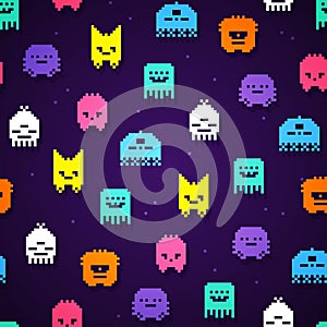 Vector Illustration seamless 8bit pixel monsters pattern. Retro game monster texture.