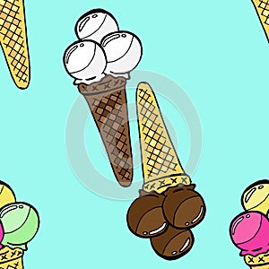 Seamless pattern of ice cream. Vector illustration of a seamless background of chocolate, vanilla, fruit ice cream cone. Hand draw