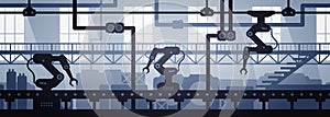 Vector illustration of seamless factory line manufacturing industrial interior background. Silhouette of industry 4.0 zone templat