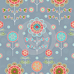 Vector illustration. Seamless floral pattern. Stylized colorful flowers on a gray background.