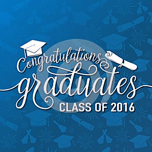 Vektorové ilustrace na modré bezešvé promoce pozadí gratulujeme absolventů 2016 třída, bílý design znamení pro maturitní večírek.