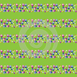 Vector illustration of a seamless image of a seamless pattern of Easter eggs of different colors in rows on a green background