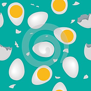 Vector illustration of seamless pattern chicken egg and crack egg. Morning meal background. Chicken farm product in flat design